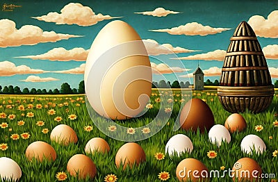 Eggs in Nature Landscape. Easter Egg hunt concept. Fresh organic raw eggs AI Generated Stock Photo
