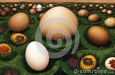 Eggs in Nature Landscape. Easter Egg hunt concept. Fresh organic raw eggs AI Generated Stock Photo