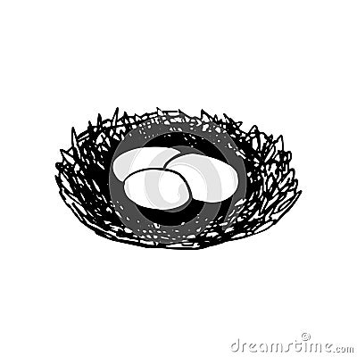 Eggs in the nest icon, sticker. sketch hand drawn doodle style. minimalism, monochrome. spring, easter, birds Stock Photo