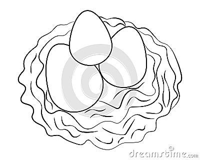 Eggs in the nest. Sketch. Birds nest made of dry grass. Vector illustration. Hatching of chicks. Bird house. Doodle style. Vector Illustration