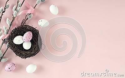 Eggs in nest top view Ester holiday background. Objects on pink background.Spring card, banner,poster.Empty space backdrop Stock Photo