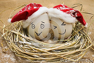 Eggs with persons in the nest for Christmas Stock Photo