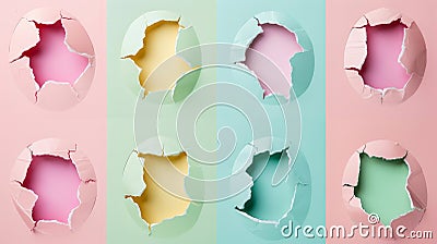 Eggs shell in pastel colors on minimalist paper background. Modern Easter concept. For banner, poster, greetings card, flayer, Stock Photo