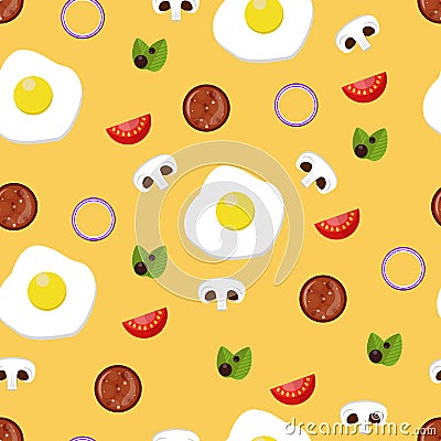 Eggs, tomato, mushrooms, salami. Vector illustration. Seamless pattern. Cartoon Illustration