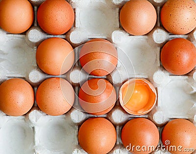 Eggs. Top view. Several white eggs in carton basket Stock Photo