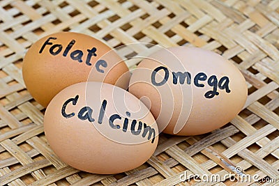 Eggs with word calcium,folate,omega on for food concept Stock Photo