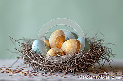 Eggs with yellow and blue colors sitting on a nest , easter nests photo Stock Photo