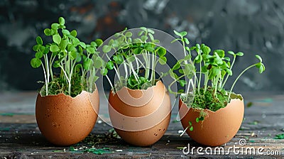 Eggshell planters with green seedlings Stock Photo