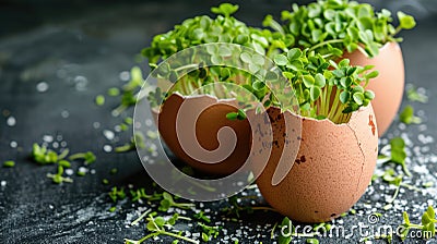 Eggshell planters with green seedlings Stock Photo