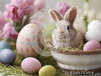 Eggstravaganza Basket: Sweet Easter Bunny Amidst a Cascade of Decorative Eggs Stock Photo