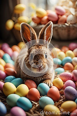 Eggstravaganza - Easter Bunny surrounded by Easter Eggs Stock Photo