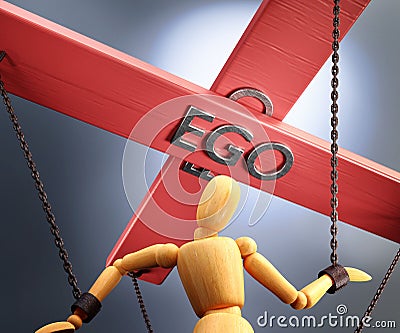 Ego control, power, authority and manipulation symbolized by control bar with word Ego pulling the strings chains of a wooden Cartoon Illustration