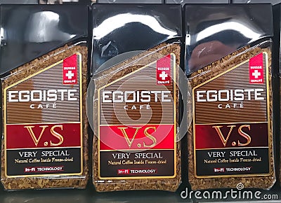 Egoiste coffee for sale at Ashan Shopping Center on December 25, 2019 in Russia, Kazan, Hussein Yamashev Avenue 46 Editorial Stock Photo