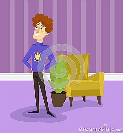 Egotistical modern prince with golden crown on his sweater, funny young man comic character posing on the background of Vector Illustration