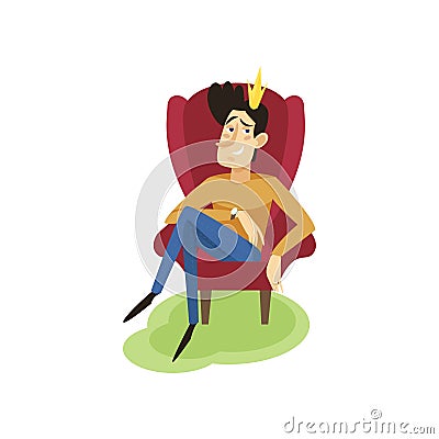 Egotistical modern prince sitting on a throne, funny young man comic character cartoon vector Illustration Vector Illustration