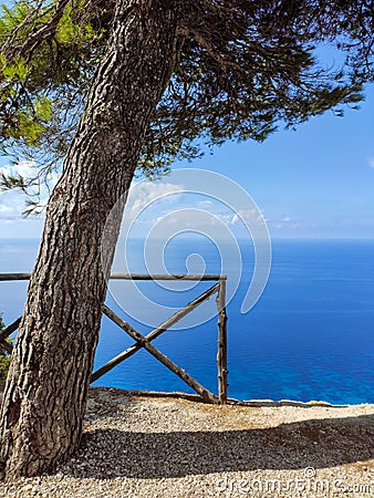 Egremni Beach Panorama, pine tree and blue sea view Stock Photo