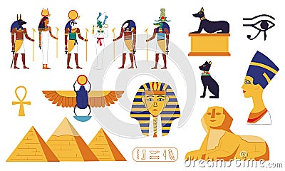 Egypt collection. Ancient Egyptian gods or mythology sacral creatures. Sphinx and pyramid. Stone sculptures. Religion Vector Illustration