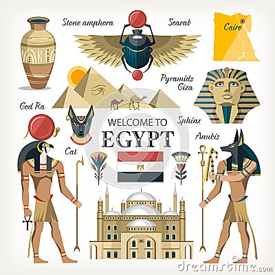 Egypt collection set with traditional symbols of country Vector Illustration
