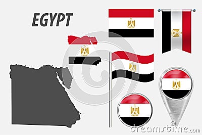 Egypt. Collection of symbols in colors national flag on various objects isolated on white background. Flag, pointer, button, Stock Photo