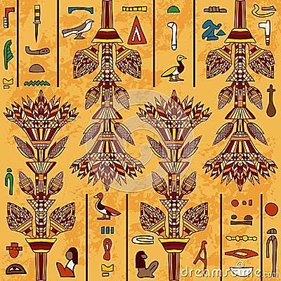 Egypt colorful ornament with ancient Egyptian hieroglyphs on aged paper background, . Vector Illustration