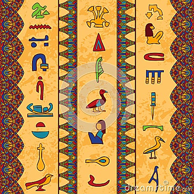 Egypt colorful ornament with ancient Egyptian hieroglyphs and floral geometric ornament border on aged paper background. Vector Illustration