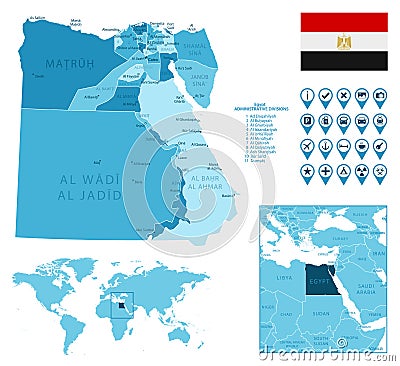 Egypt detailed administrative blue map with country flag and location on the world map. Vector Illustration