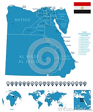 Egypt - detailed blue country map with cities, regions, location on world map and globe. Infographic icons Cartoon Illustration