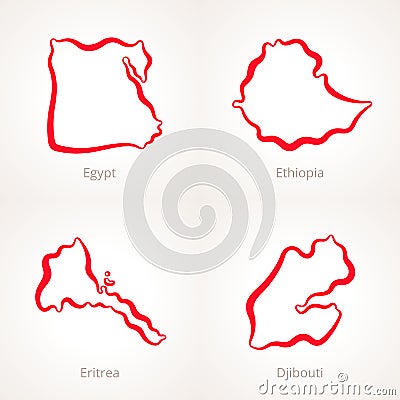 Egypt, Ethiopia, Eritrea and Djibouti - Outline Map Vector Illustration