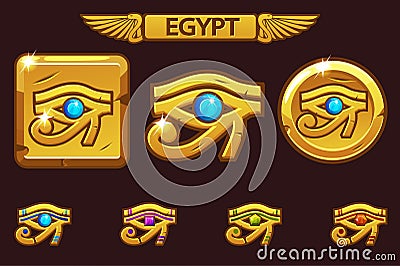 Egypt Eye of Horus with colored precious gems, golden icon on coin and square. Vector Illustration