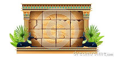 Egypt game UI frame, vector stone panel screen, Anubis statue, palm leaf, user interface menu display. Vector Illustration