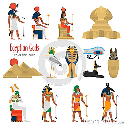 Egypt gods and religion color flat icons set for web and mobile design Stock Photo