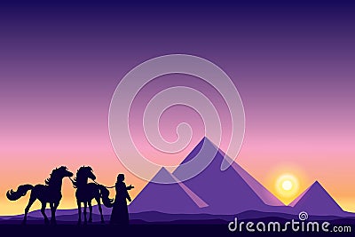 Egypt Great Pyramids with Bedouin and horses silhouettes on suns Vector Illustration