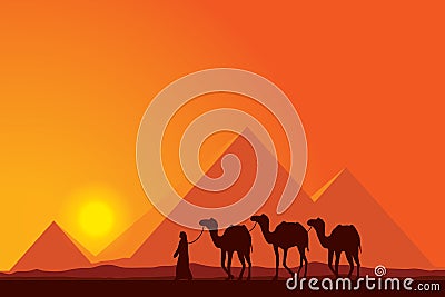 Egypt Great Pyramids with Camel caravan on sunset background Cartoon Illustration