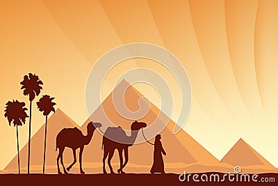 Egypt Great Pyramids with Camel caravan on sunset background Cartoon Illustration