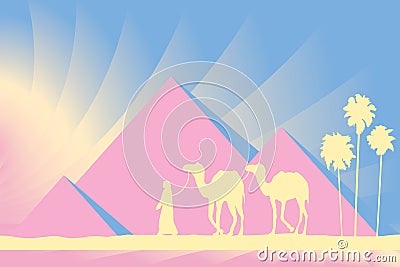 Egypt Great Pyramids with Camel caravan on sunset background Vector Illustration