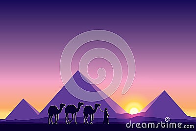 Egypt Great Pyramids with Camel caravan on sunset background Vector Illustration