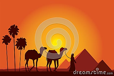 Egypt Great Pyramids with Camel caravan on sunset background Vector Illustration