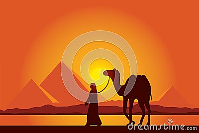 Egypt Great Pyramids with Camel caravan on sunset background Vector Illustration
