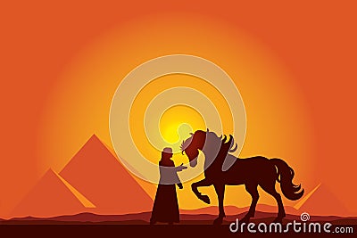 Egypt Great Pyramids with silhouette of Bedouin and horse on sun Vector Illustration