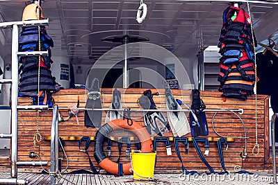 Egypt, Hurghada, 3.12.2018, yacht in the red sea inside view. Snorkeling and diving stuff on the boat. Holiday and travel concept Editorial Stock Photo