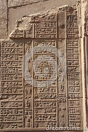 Egypt Kom Ombo Hieroglyphics on Vertical Wall Stock Photo