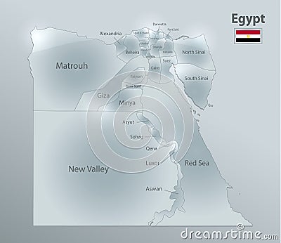 Egypt map and flag, administrative division, separates regions and names, design glass card 3D Vector Illustration