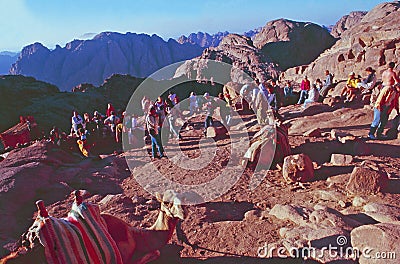 Egypt: Pilgrims and tourists at sunrise on their way to the top of Mount Moses Editorial Stock Photo