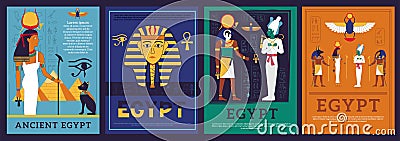 Egypt posters. Covers with Egyptian gods and goddess. Mythological religious symbols and hieroglyphic inscriptions Vector Illustration