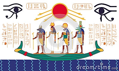 Egypt scene. Ancient mythology fresco with Egyptian religious characters and hieroglyphs. Gods sailing on boat on water Vector Illustration