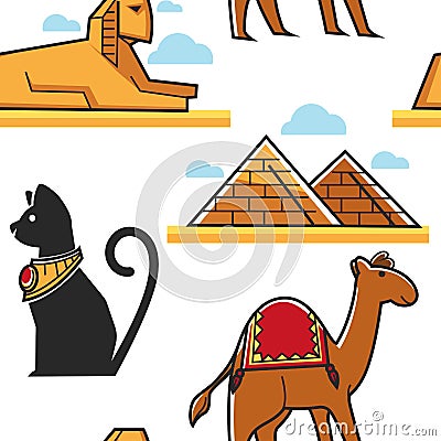 Egypt seamless pattern Pyramid and Sphinx cat and camel Vector Illustration