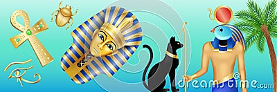 Egypt symbols banner. Cartoon poster with pharaoh, Horus, black cat and scarab on blue background. Vector illustration Vector Illustration