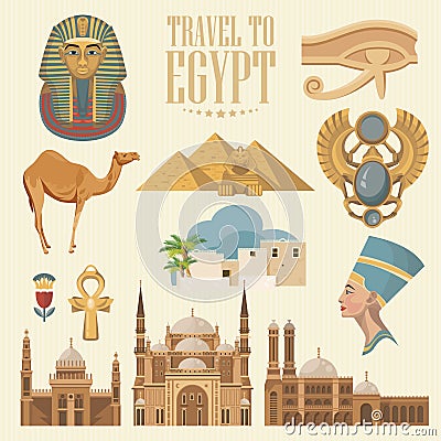 Egypt vector set. Modern hipster style. Egyptian traditional icons in flat design. Vacation and summer Vector Illustration