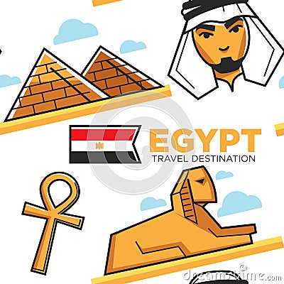 Egypt travel destination Sphinx and Pyramid seamless pattern Vector Illustration