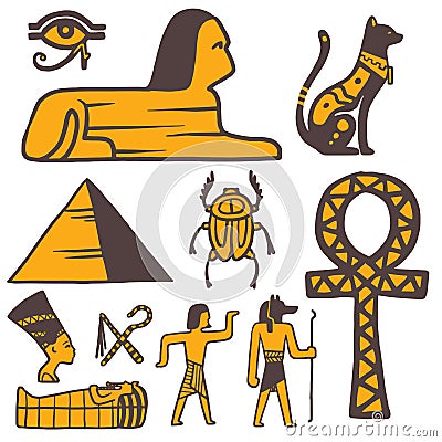 Egypt travel history sybols hand drawn design traditional hieroglyph vector illustration style. Vector Illustration